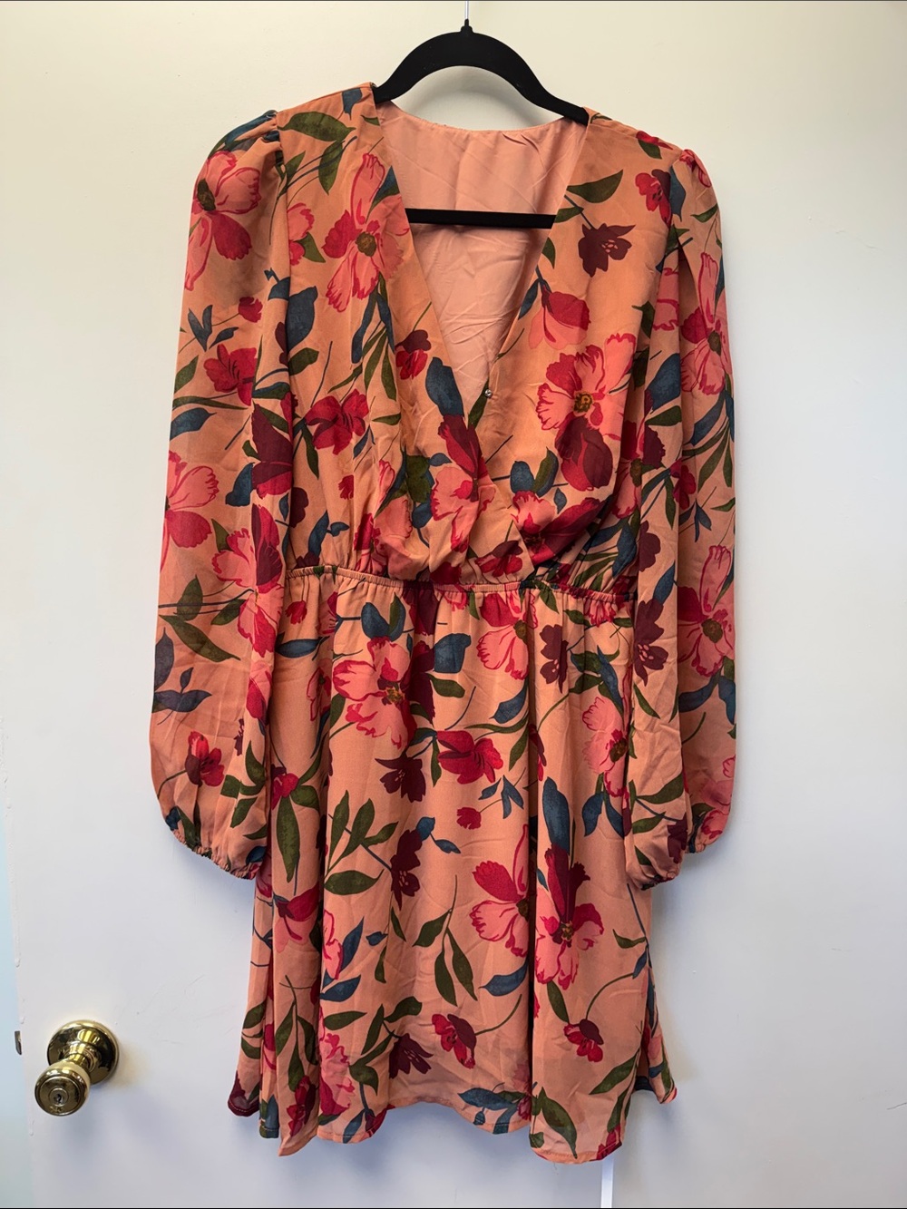Cupshe Peach‎ Floral Long Sleeve Wrap-Style Dress